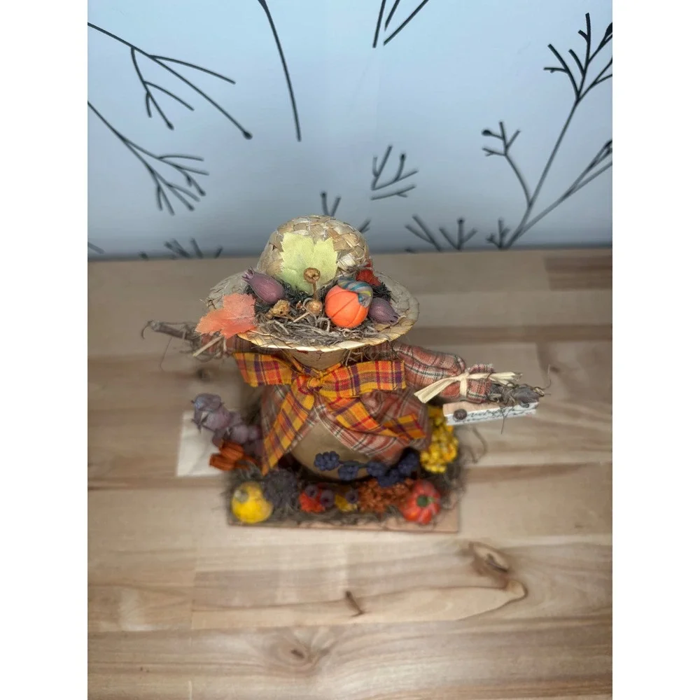 Rustic Autumn Greetings Scarecrow Figurine Plaid Fall Thanksgiving Decor 8.5